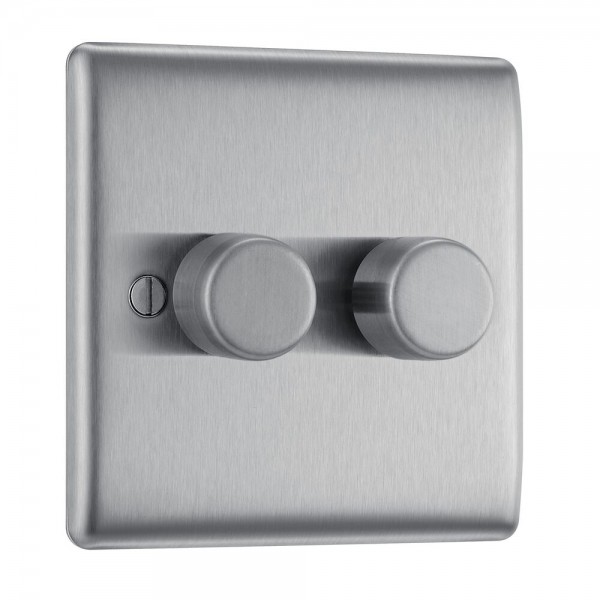BG Electrical NBS82 Nexus Metal Brushed Steel Double Dimmer Switch 2 Way Trailing Edge 200W