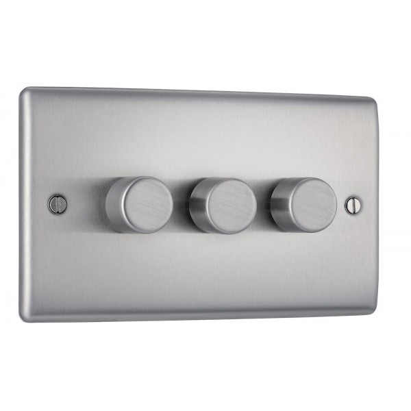 BG Electrical NBS83 Nexus Metal Brushed Steel Triple Dimmer Switch 2 Way Trailing Edge 200W