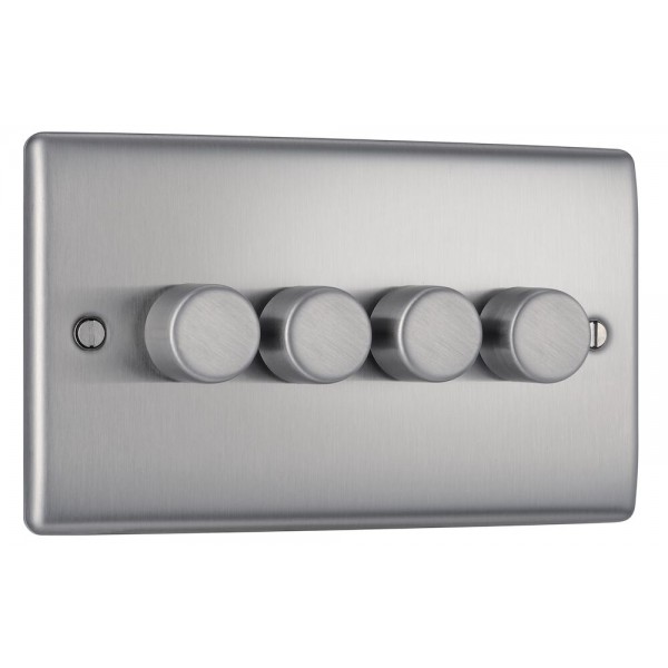 BG Electrical NBS84 Nexus Metal Brushed Steel Quadruple Dimmer Switch 2 Way Trailing Edge 200W