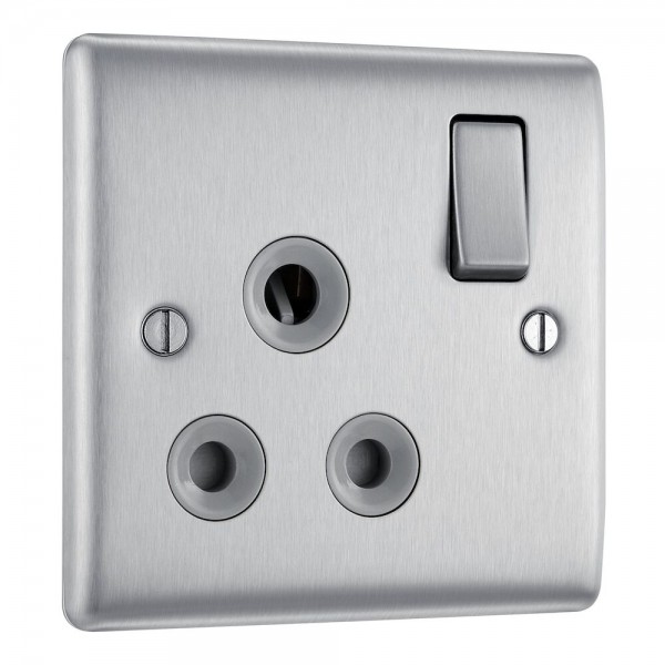 BG Electrical NBS99G Nexus Metal Brushed Steel 15A Single Round Pin Switched Socket Grey Insert