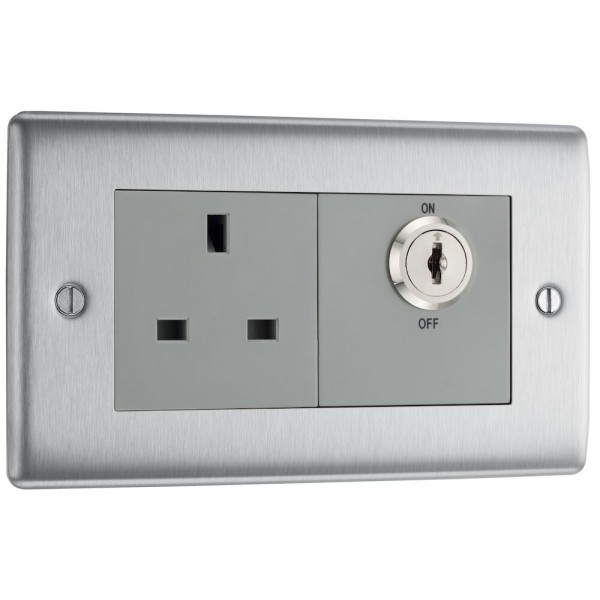 BG Electrical NBSKYSWSG Nexus Metal Brushed Steel 13A Key Controlled Socket Double Pole Grey Insert