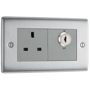 BG Electrical NBSKYSWSG Nexus Metal Brushed Steel 13A Key Controlled Socket Double Pole Grey Insert