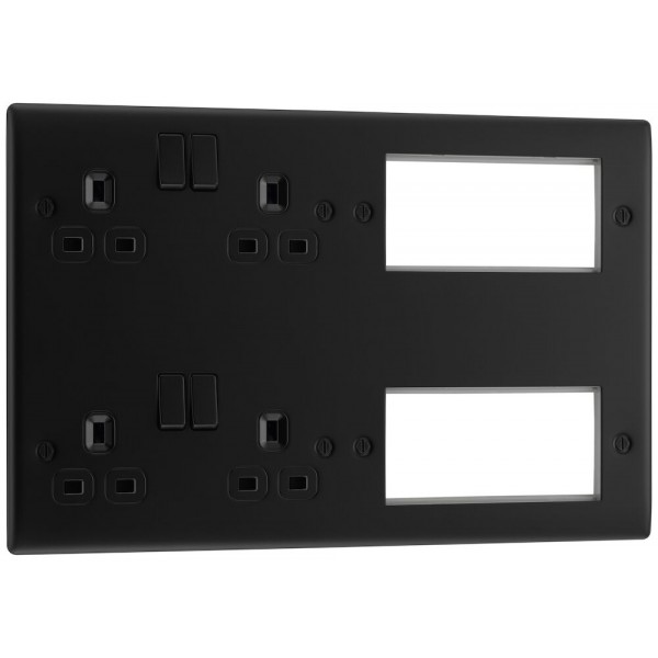 BG Electrical NFB222EM8B Nexus Metal Matt Black Combination Plate 2 x 13A Switched Socket + 8 Module Aperture Black Inserts