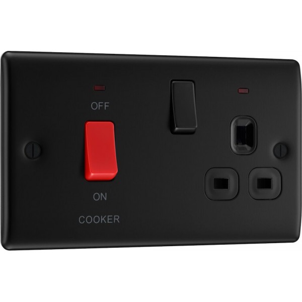 BG Electrical NFB70B Nexus Metal Matt Black 45A Cooker Control Unit With 13A Socket And LED Indicators Black Inserts