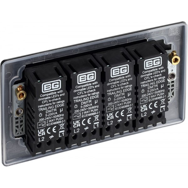 BG Electrical NFB84 Nexus Metal Matt Black Quadruple Dimmer Switch 2 Way Trailing Edge 200W