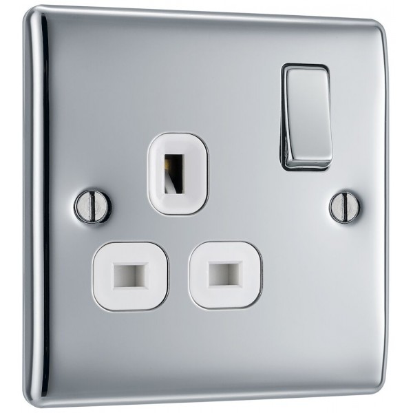BG Electrical NPC21W Nexus Metal Polished Chrome 13A Single Switched Socket White Inserts