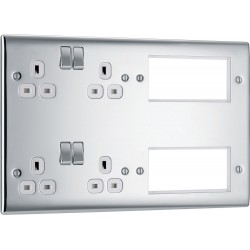 BG Electrical NPC222EM8W Nexus Metal Polished Chrome Combination Plate 2 x 13A Switched Socket + 8 Module Aperture White Inserts