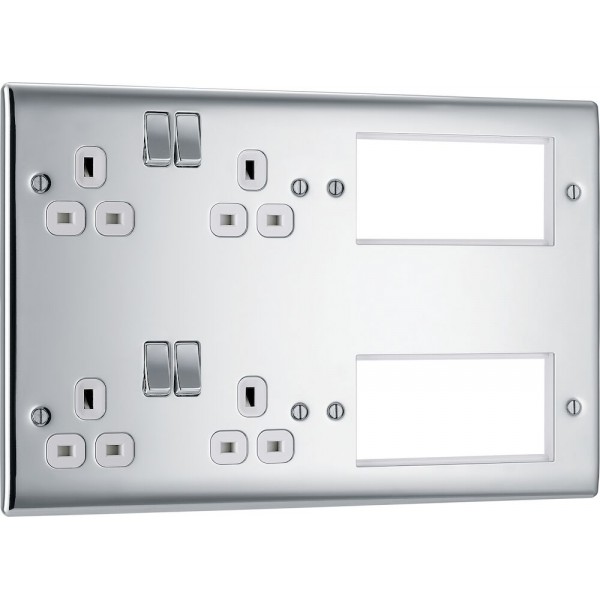 BG Electrical NPC222EM8W Nexus Metal Polished Chrome Combination Plate 2 x 13A Switched Socket + 8 Module Aperture White Inserts