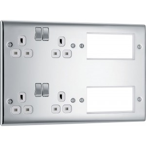 BG Electrical NPC222EM8W Nexus Metal Polished Chrome Combination Plate 2 x 13A Switched Socket + 8 Module Aperture White Inserts