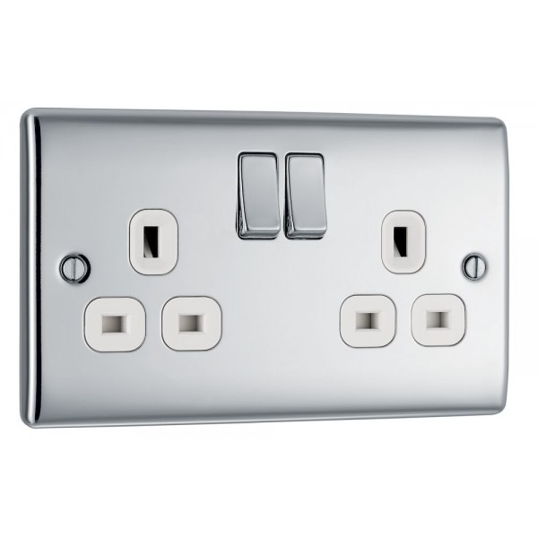 BG Electrical NPC22W Nexus Metal Polished Chrome 13A Double Switched Socket White Inserts