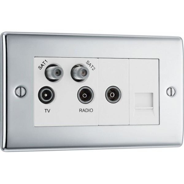 BG Electrical NPC69 Nexus Metal Polished Chrome Screened Quadplex 2 x SAT/TV/FM Socket with Return and BT Outlet