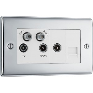 BG Electrical NPC69 Nexus Metal Polished Chrome Screened Quadplex 2 x SAT/TV/FM Socket with Return and BT Outlet