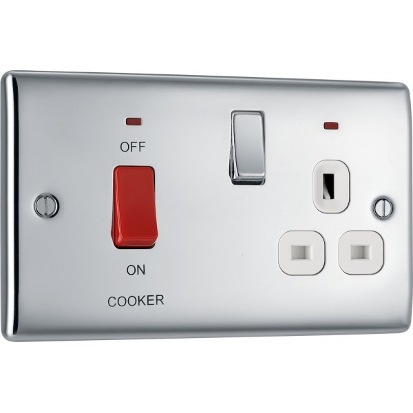 BG Electrical NPC70W Nexus Metal Polished Chrome 45A Cooker Control Unit With 13A Socket And LED Indicators White Inserts