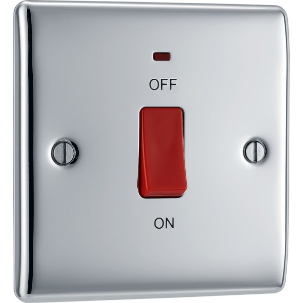 BG Electrical NPC74 Nexus Metal Polished Chrome 45A Square Plate Double Pole Switch With LED Indicator