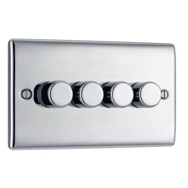 BG Electrical NPC84 Nexus Metal Polished Chrome Quadruple Dimmer Switch 2 Way Trailing Edge 200W