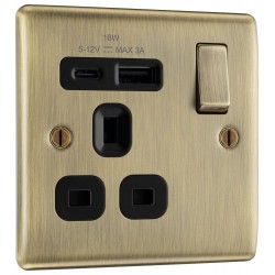 BG Electrical NAB21UAC18B Nexus Metal Antique Brass (Black Inserts) 13A Single Switched Socket with USB A + C 18W
