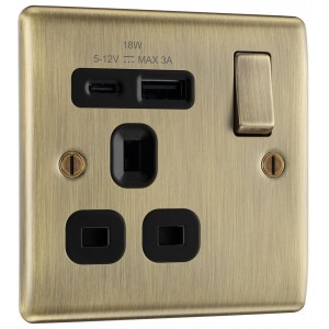 BG Electrical NAB21UAC18B Nexus Metal Antique Brass (Black Inserts) 13A Single Switched Socket with USB A + C 18W