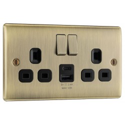 BG Electrical NAB22UAC12B Nexus Metal Antique Brass 13A Double Switched Socket with USB A + C 12W Black Inserts