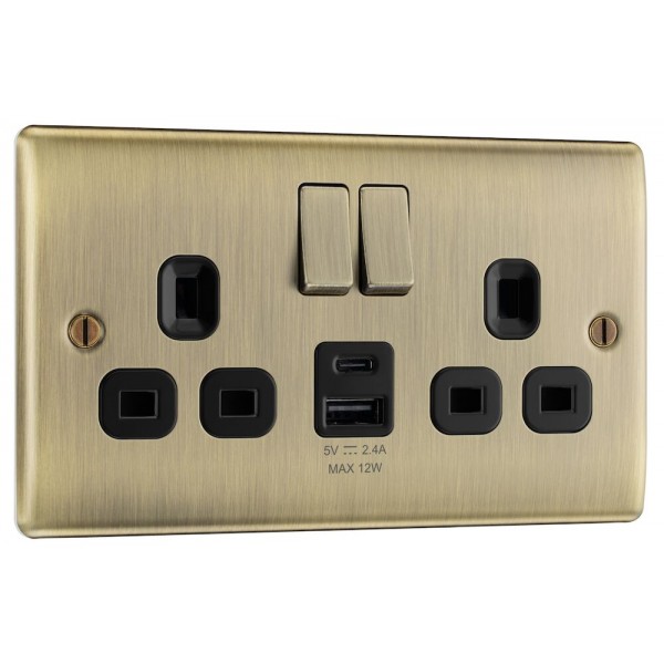 BG Electrical NAB22UAC12B Nexus Metal Antique Brass 13A Double Switched Socket with USB A + C 12W Black Inserts