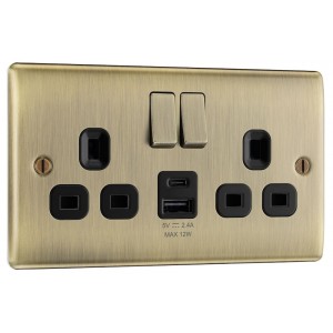 BG Electrical NAB22UAC12B Nexus Metal Antique Brass 13A Double Switched Socket with USB A + C 12W Black Inserts