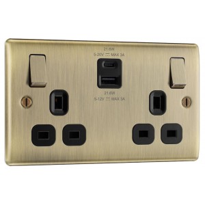 BG Electrical NAB22UAC22B Nexus Metal Antique Brass 13A Double Switched Socket with USB A + C 22W Black Inserts