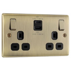 BG Electrical NAB22UAC45B Nexus Metal Antique Brass 13A Double Switched Socket with USB A + C 45W Black Inserts