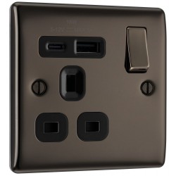 BG Electrical NBN21UAC18B Nexus Metal Black Nickel 13A Single Switched Socket with USB A + C 18W
