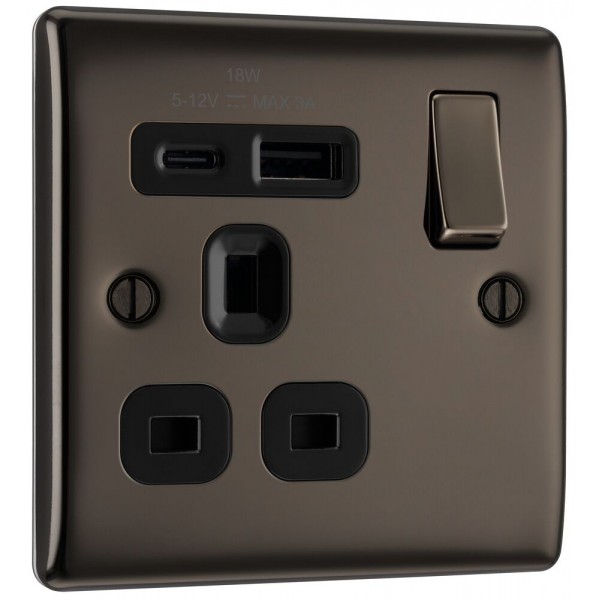 BG Electrical NBN21UAC18B Nexus Metal Black Nickel 13A Single Switched Socket with USB A + C 18W