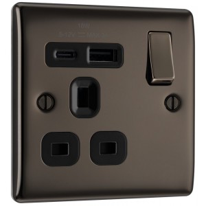 BG Electrical NBN21UAC18B Nexus Metal Black Nickel 13A Single Switched Socket with USB A + C 18W