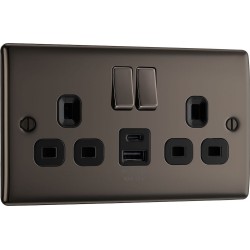 BG Electrical NBN22UAC12B Nexus Metal Black Nickel 13A Double Switched Socket with USB A + C 12W Black Inserts