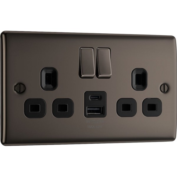 BG Electrical NBN22UAC12B Nexus Metal Black Nickel 13A Double Switched Socket with USB A + C 12W Black Inserts