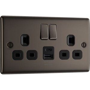 BG Electrical NBN22UAC12B Nexus Metal Black Nickel 13A Double Switched Socket with USB A + C 12W Black Inserts