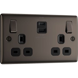 BG Electrical NBN22UAC22B Nexus Metal Black Nickel 13A Double Switched Socket with USB A + C 22W Black Inserts