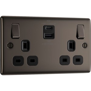 BG Electrical NBN22UAC45B Nexus Metal Black Nickel 13A Double Switched Socket with USB A + C 45W Black Inserts