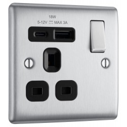BG Electrical NBS21UAC18B Nexus Metal Brushed Steel (Black Inserts) 13A Single Switched Socket with USB A + C 18W