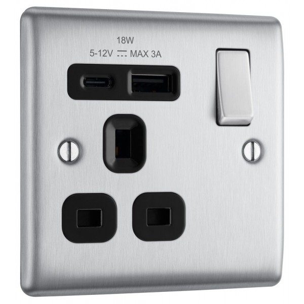 BG Electrical NBS21UAC18B Nexus Metal Brushed Steel (Black Inserts) 13A Single Switched Socket with USB A + C 18W