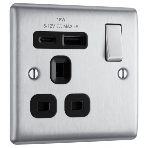 BG Electrical NBS21UAC18B Nexus Metal Brushed Steel (Black Inserts) 13A Single Switched Socket with USB A + C 18W