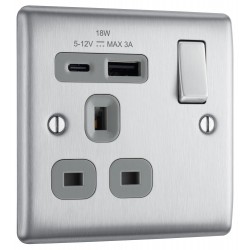 BG Electrical NBS21UAC18G Nexus Metal Brushed Steel (Grey Inserts) 13A Single Switched Socket with USB A + C 18W