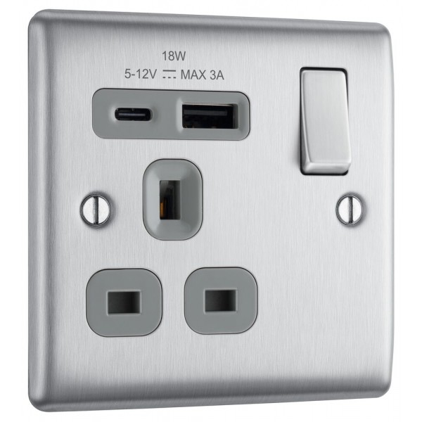 BG Electrical NBS21UAC18G Nexus Metal Brushed Steel (Grey Inserts) 13A Single Switched Socket with USB A + C 18W