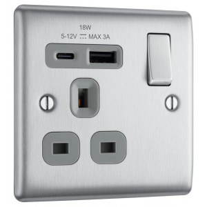 BG Electrical NBS21UAC18G Nexus Metal Brushed Steel (Grey Inserts) 13A Single Switched Socket with USB A + C 18W