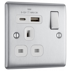 BG Electrical NBS21UAC18W Nexus Metal Brushed Steel (White Inserts) 13A Single Switched Socket with USB A + C 18W