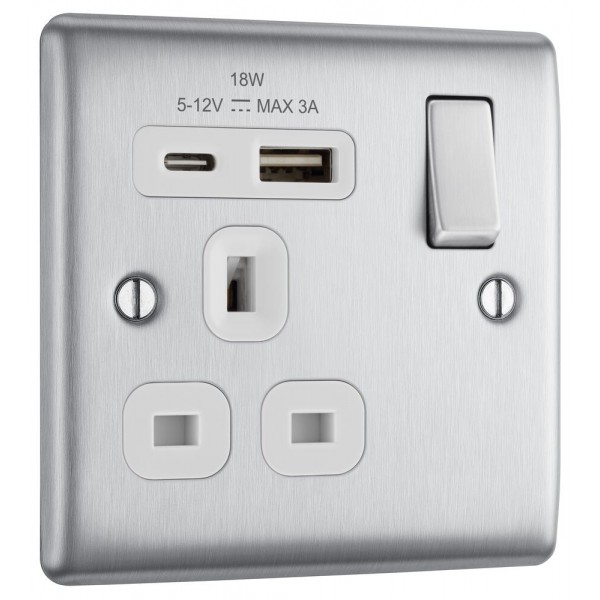 BG Electrical NBS21UAC18W Nexus Metal Brushed Steel (White Inserts) 13A Single Switched Socket with USB A + C 18W