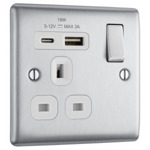 BG Electrical NBS21UAC18W Nexus Metal Brushed Steel (White Inserts) 13A Single Switched Socket with USB A + C 18W