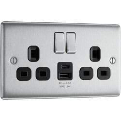 BG Electrical NBS22UAC12B Nexus Metal Brushed Steel 13A Double Switched Socket with USB A + C 12W Black Inserts