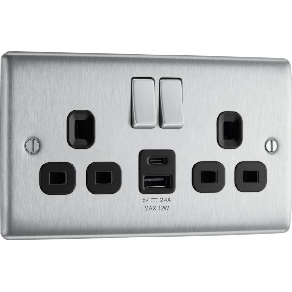 BG Electrical NBS22UAC12B Nexus Metal Brushed Steel 13A Double Switched Socket with USB A + C 12W Black Inserts