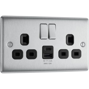 BG Electrical NBS22UAC12B Nexus Metal Brushed Steel 13A Double Switched Socket with USB A + C 12W Black Inserts
