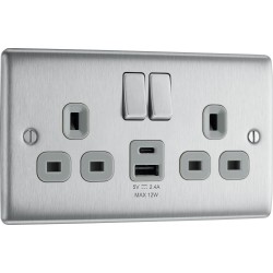 BG Electrical NBS22UAC12G Nexus Metal Brushed Steel 13A Double Switched Socket with USB A + C 12W Grey Inserts