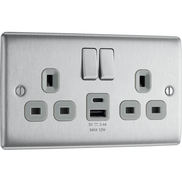 BG Electrical NBS22UAC12G Nexus Metal Brushed Steel 13A Double Switched Socket with USB A + C 12W Grey Inserts