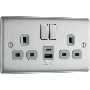 BG Electrical NBS22UAC12G Nexus Metal Brushed Steel 13A Double Switched Socket with USB A + C 12W Grey Inserts