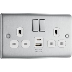 BG Electrical NBS22UAC12W Nexus Metal Brushed Steel 13A Double Switched Socket with USB A + C 12W White Inserts